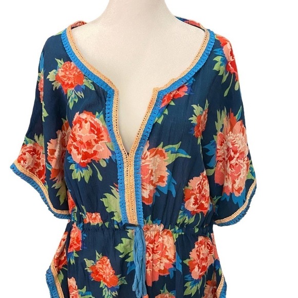 Matilda jane navy kaftan swim cover dress floral tassle medium - Picture 2 of 8